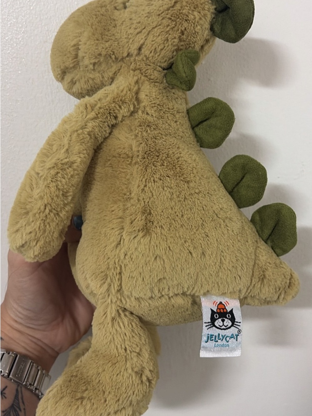 Jellycat Olive Green Dinosaur Plush with Dark Green Spikes
